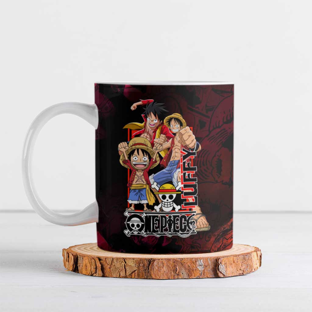 Luffy One Piece Red Theme Ceramic Mug with Straw Hat Crew and Gear Transformation Design - The Mazicc