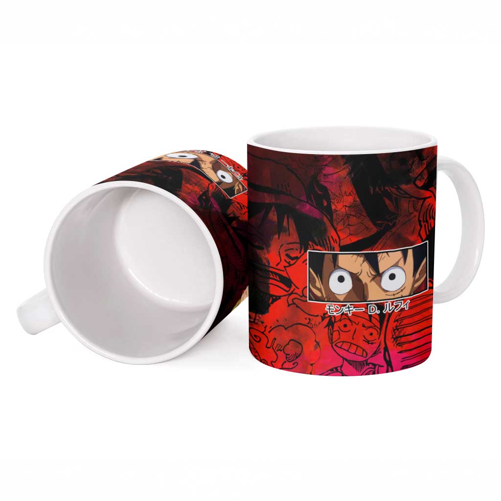 Luffy One Piece Red Theme Ceramic Mug with Straw Hat Crew and Gear Transformation Design - The Mazicc