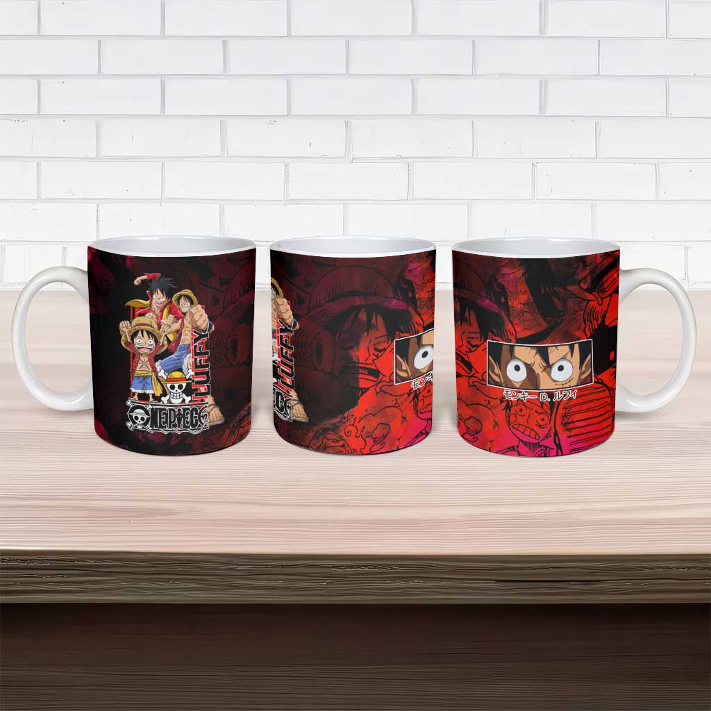 Luffy One Piece Red Theme Ceramic Mug with Straw Hat Crew and Gear Transformation Design - The Mazicc