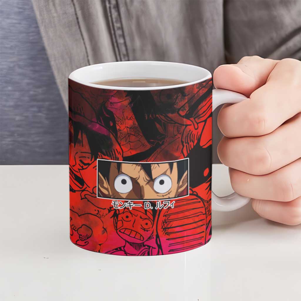 Luffy One Piece Red Theme Ceramic Mug with Straw Hat Crew and Gear Transformation Design - The Mazicc