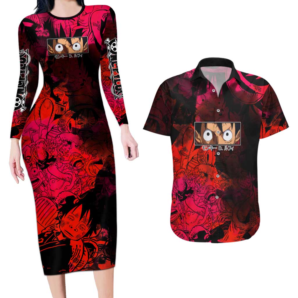 Luffy One Piece Red Theme Couples Matching Long Sleeve Bodycon Dress and Hawaiian Shirt with Straw Hat Crew and Gear Transformation Design - The Mazicc
