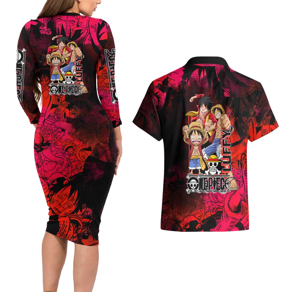 Luffy One Piece Red Theme Couples Matching Long Sleeve Bodycon Dress and Hawaiian Shirt with Straw Hat Crew and Gear Transformation Design - The Mazicc