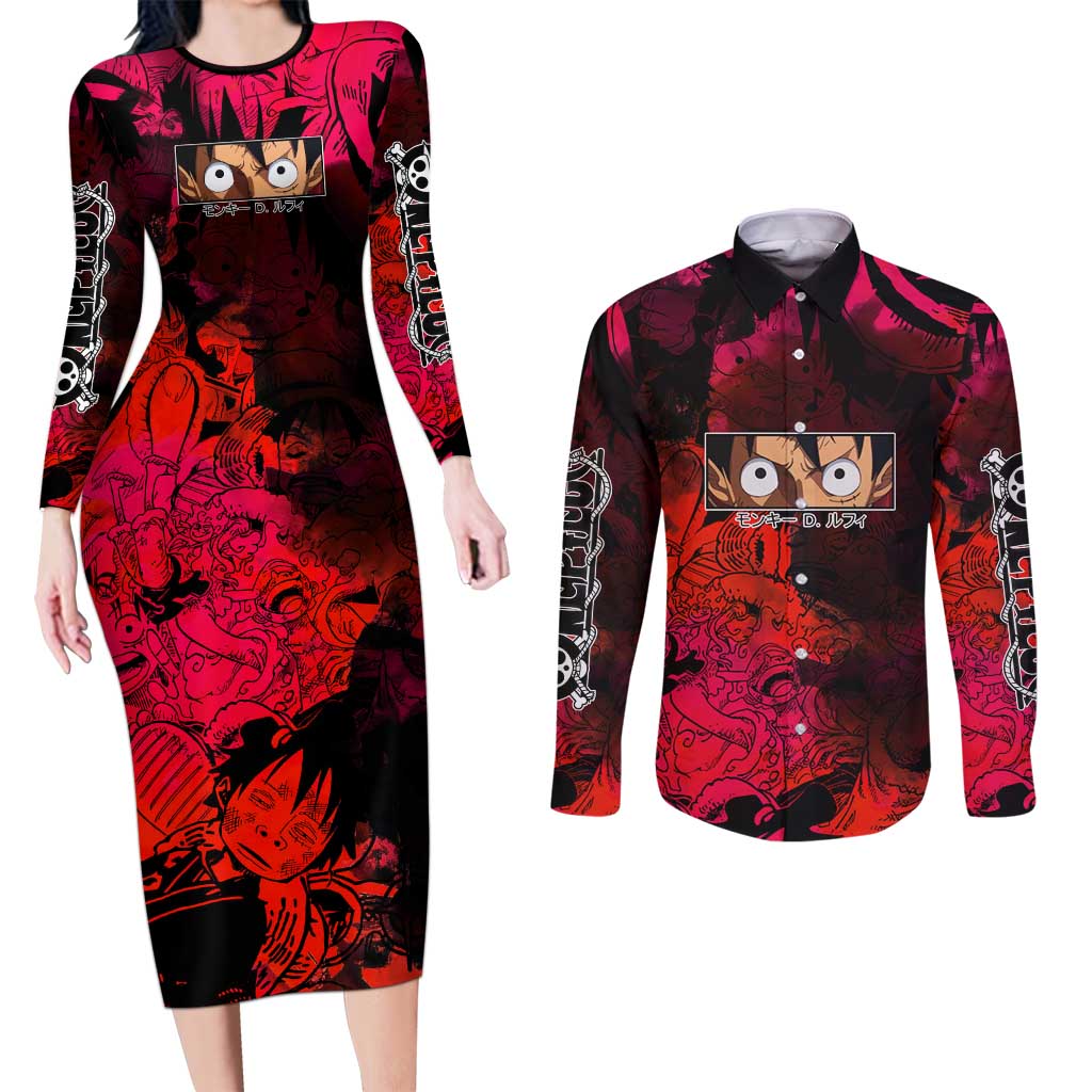 Luffy One Piece Red Theme Couples Matching Long Sleeve Bodycon Dress and Long Sleeve Button Shirt with Straw Hat Crew and Gear Transformation Design - The Mazicc
