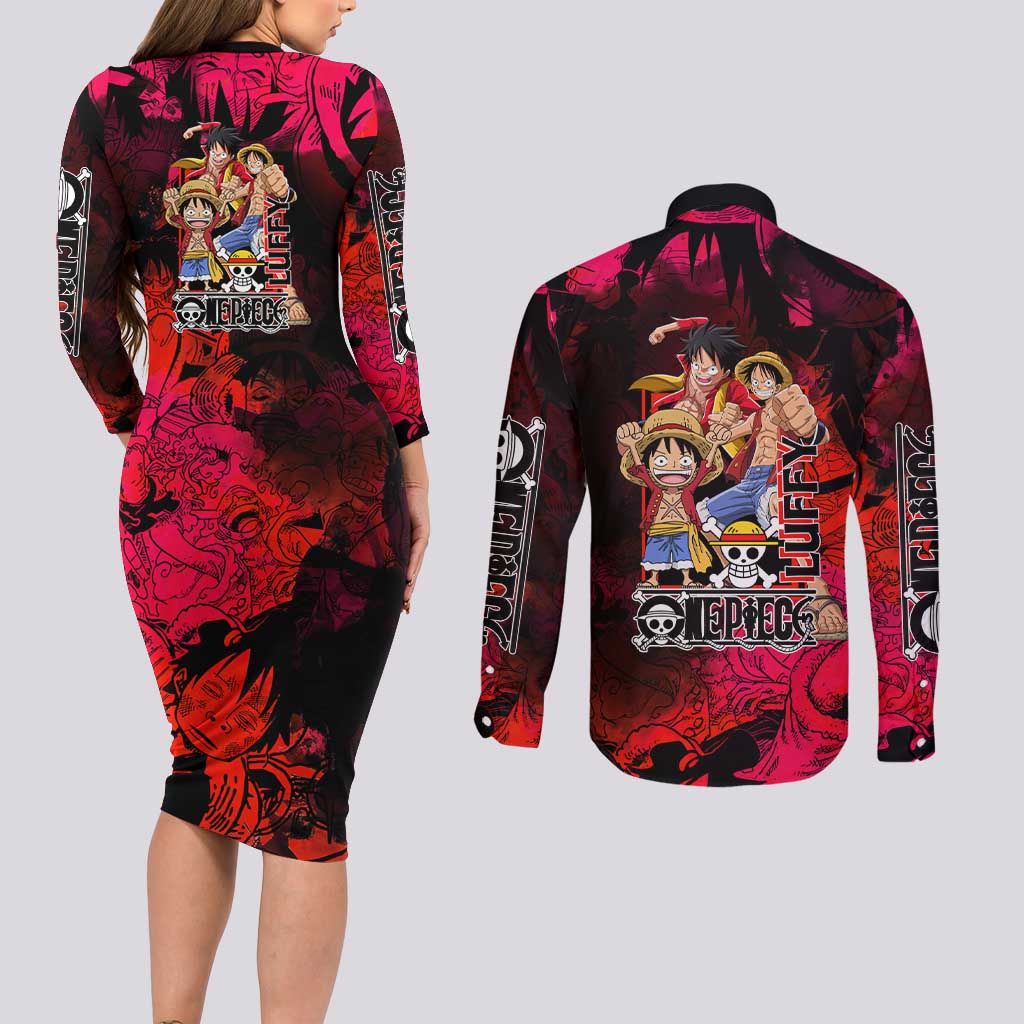 Luffy One Piece Red Theme Couples Matching Long Sleeve Bodycon Dress and Long Sleeve Button Shirt with Straw Hat Crew and Gear Transformation Design - The Mazicc