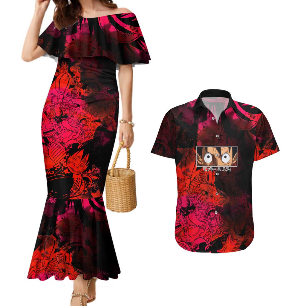 Luffy One Piece Red Theme Couples Matching Mermaid Dress and Hawaiian Shirt with Straw Hat Crew and Gear Transformation Design - The Mazicc