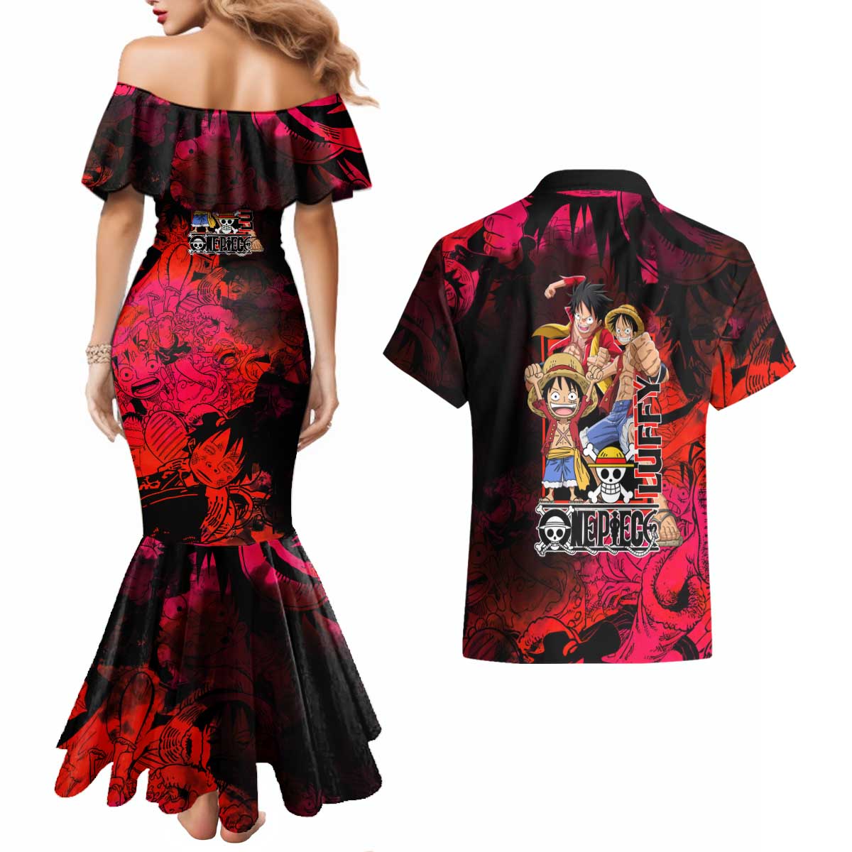 Luffy One Piece Red Theme Couples Matching Mermaid Dress and Hawaiian Shirt with Straw Hat Crew and Gear Transformation Design - The Mazicc
