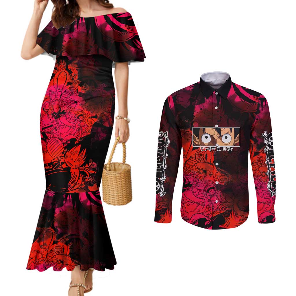 Luffy One Piece Red Theme Couples Matching Mermaid Dress and Long Sleeve Button Shirt with Straw Hat Crew and Gear Transformation Design - The Mazicc