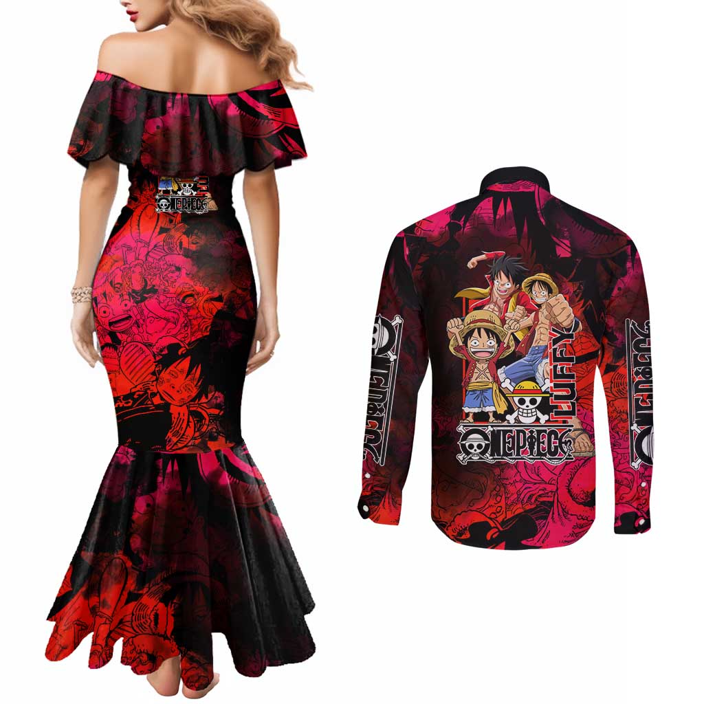 Luffy One Piece Red Theme Couples Matching Mermaid Dress and Long Sleeve Button Shirt with Straw Hat Crew and Gear Transformation Design - The Mazicc