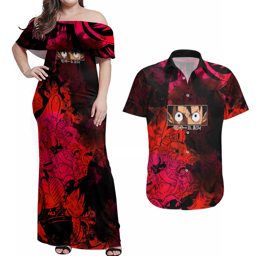 Luffy One Piece Red Theme Couples Matching Off Shoulder Maxi Dress and Hawaiian Shirt with Straw Hat Crew and Gear Transformation Design - The Mazicc