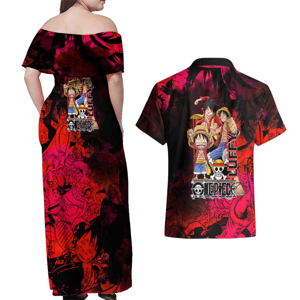 Luffy One Piece Red Theme Couples Matching Off Shoulder Maxi Dress and Hawaiian Shirt with Straw Hat Crew and Gear Transformation Design - The Mazicc