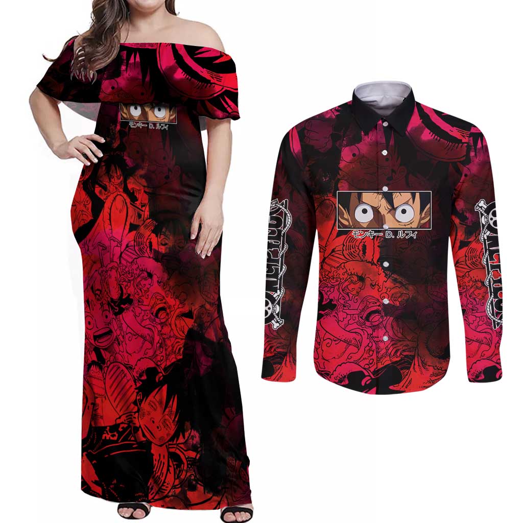 Luffy One Piece Red Theme Couples Matching Off Shoulder Maxi Dress and Long Sleeve Button Shirt with Straw Hat Crew and Gear Transformation Design - The Mazicc