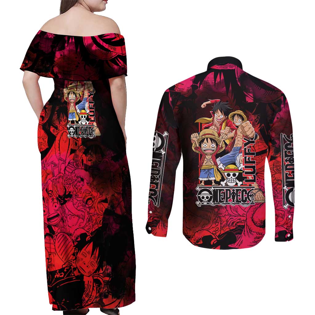 Luffy One Piece Red Theme Couples Matching Off Shoulder Maxi Dress and Long Sleeve Button Shirt with Straw Hat Crew and Gear Transformation Design - The Mazicc