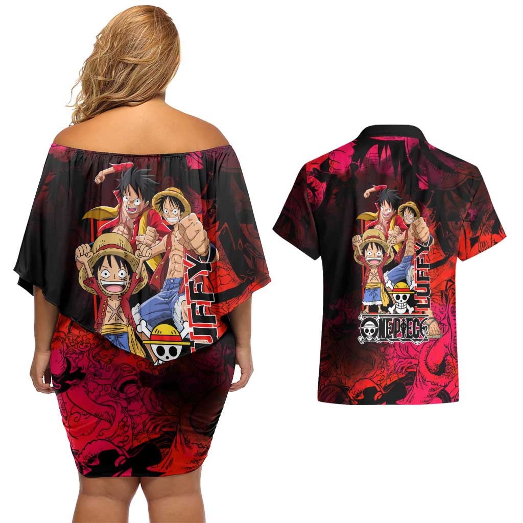 Luffy One Piece Red Theme Couples Matching Off Shoulder Short Dress and Hawaiian Shirt with Straw Hat Crew and Gear Transformation Design - The Mazicc