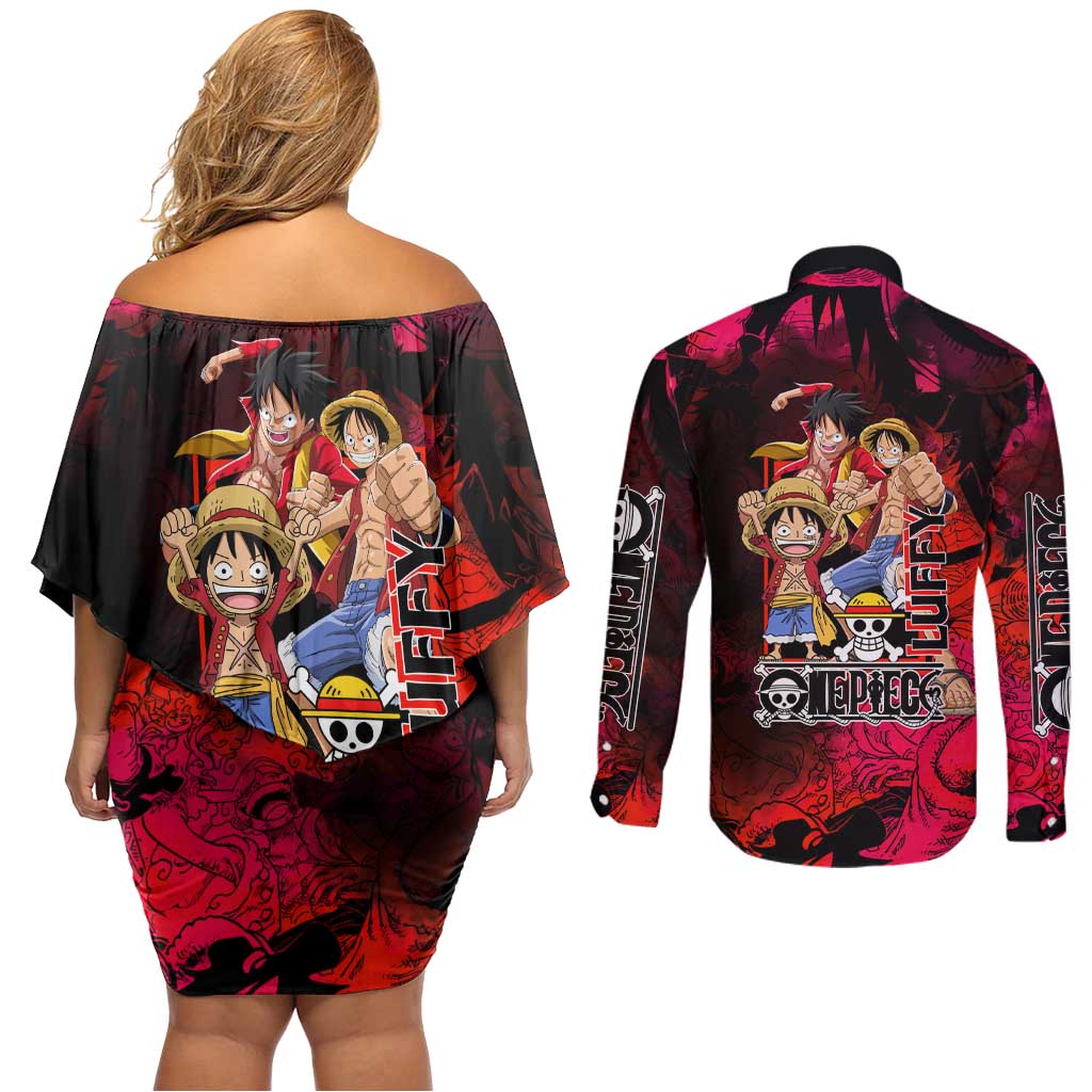 Luffy One Piece Red Theme Couples Matching Off Shoulder Short Dress and Long Sleeve Button Shirt with Straw Hat Crew and Gear Transformation Design - The Mazicc