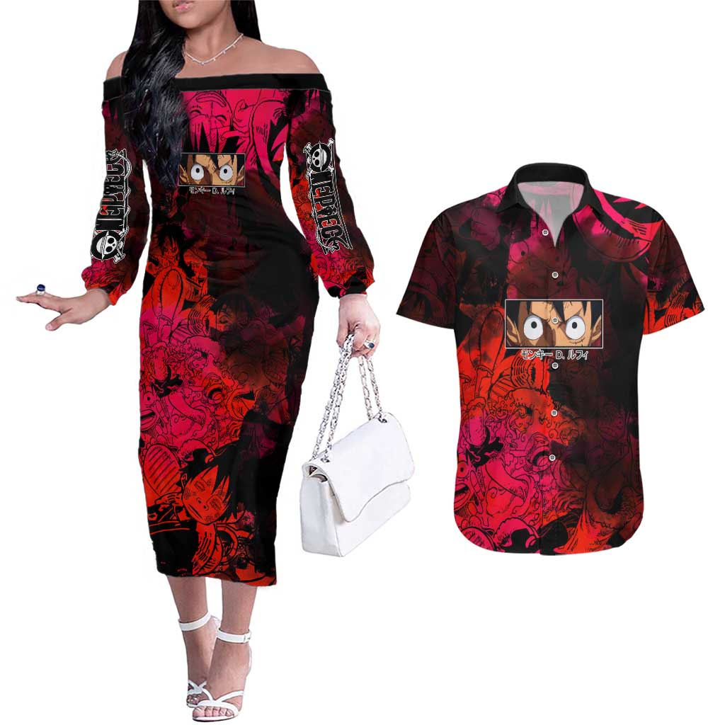 Luffy One Piece Red Theme Couples Matching Off The Shoulder Long Sleeve Dress and Hawaiian Shirt with Straw Hat Crew and Gear Transformation Design - The Mazicc