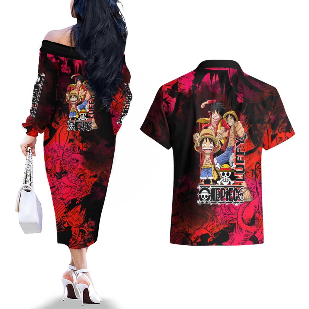 Luffy One Piece Red Theme Couples Matching Off The Shoulder Long Sleeve Dress and Hawaiian Shirt with Straw Hat Crew and Gear Transformation Design - The Mazicc