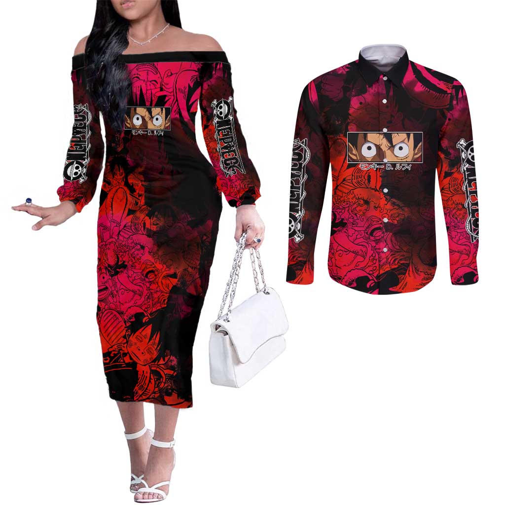 Luffy One Piece Red Theme Couples Matching Off The Shoulder Long Sleeve Dress and Long Sleeve Button Shirt with Straw Hat Crew and Gear Transformation Design - The Mazicc