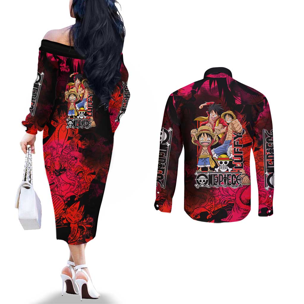 Luffy One Piece Red Theme Couples Matching Off The Shoulder Long Sleeve Dress and Long Sleeve Button Shirt with Straw Hat Crew and Gear Transformation Design - The Mazicc