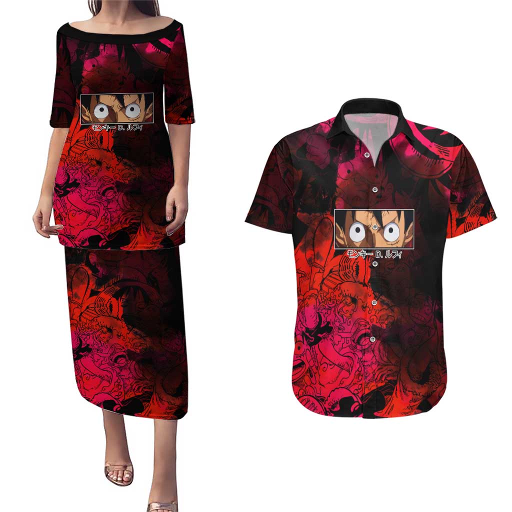 Luffy One Piece Red Theme Couples Matching Puletasi and Hawaiian Shirt with Straw Hat Crew and Gear Transformation Design - The Mazicc