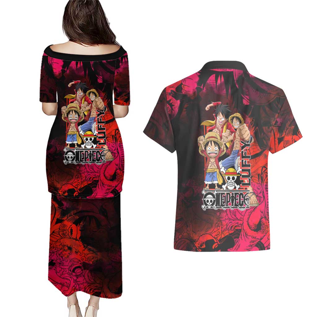Luffy One Piece Red Theme Couples Matching Puletasi and Hawaiian Shirt with Straw Hat Crew and Gear Transformation Design - The Mazicc