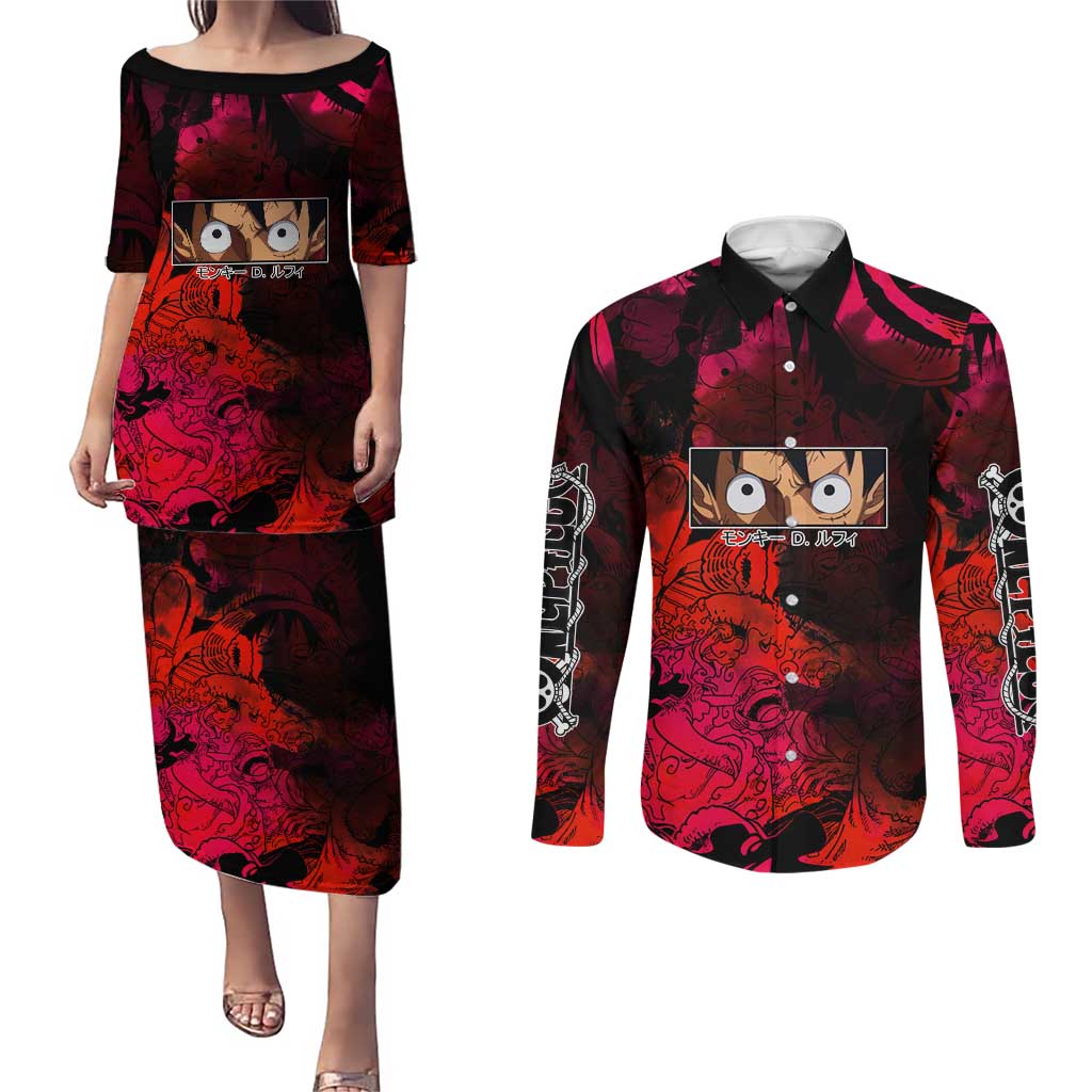 Luffy One Piece Red Theme Couples Matching Puletasi and Long Sleeve Button Shirt with Straw Hat Crew and Gear Transformation Design - The Mazicc