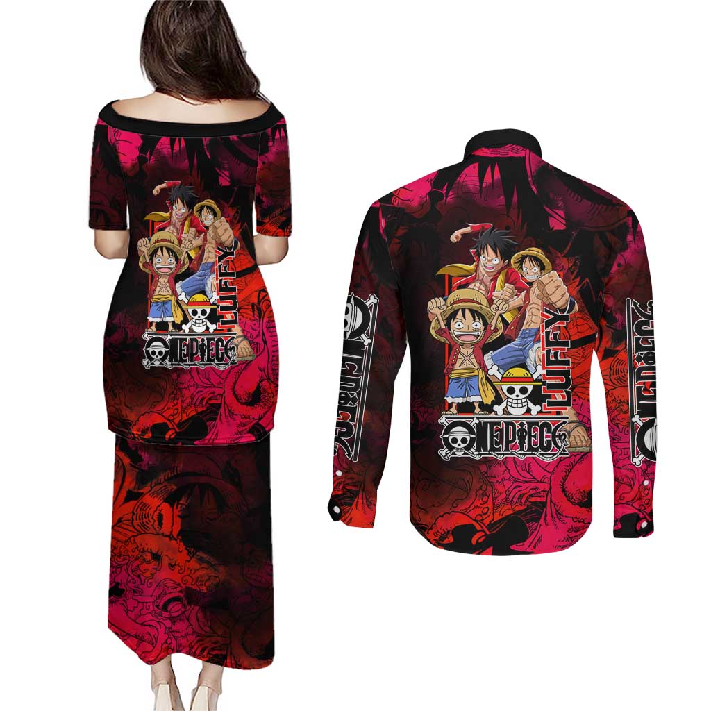 Luffy One Piece Red Theme Couples Matching Puletasi and Long Sleeve Button Shirt with Straw Hat Crew and Gear Transformation Design - The Mazicc