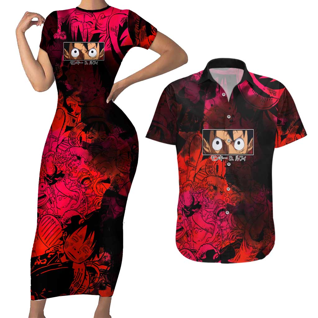 Luffy One Piece Red Theme Couples Matching Short Sleeve Bodycon Dress and Hawaiian Shirt with Straw Hat Crew and Gear Transformation Design - The Mazicc
