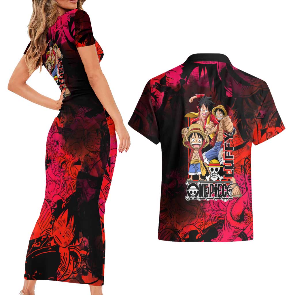 Luffy One Piece Red Theme Couples Matching Short Sleeve Bodycon Dress and Hawaiian Shirt with Straw Hat Crew and Gear Transformation Design - The Mazicc