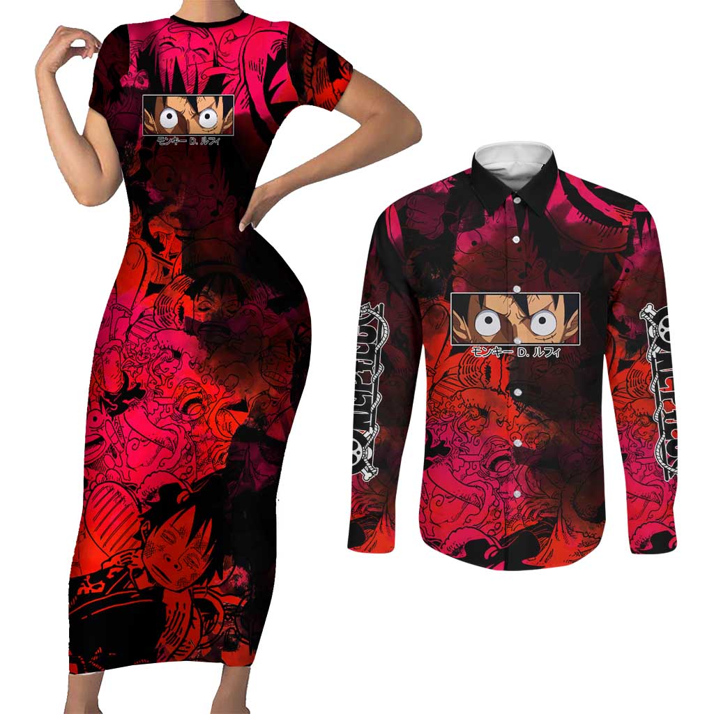 Luffy One Piece Red Theme Couples Matching Short Sleeve Bodycon Dress and Long Sleeve Button Shirt with Straw Hat Crew and Gear Transformation Design - The Mazicc