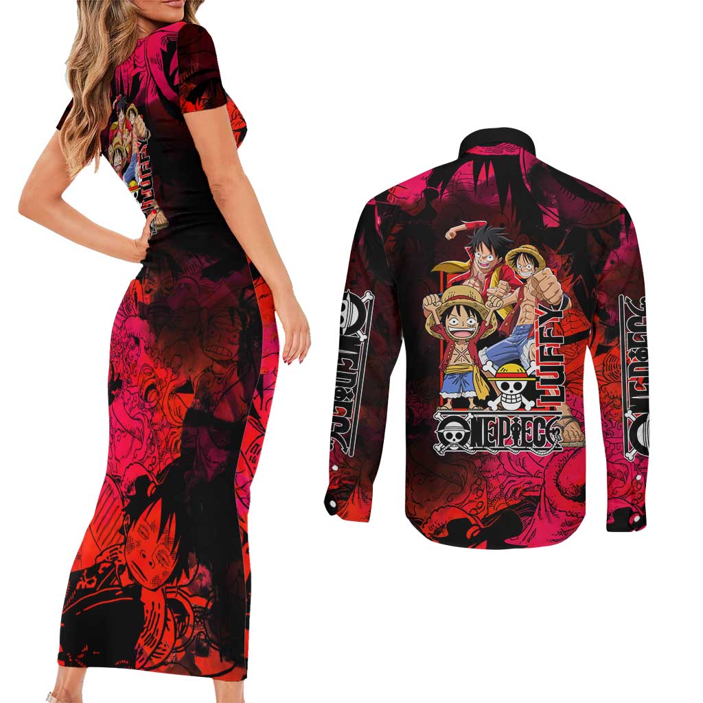 Luffy One Piece Red Theme Couples Matching Short Sleeve Bodycon Dress and Long Sleeve Button Shirt with Straw Hat Crew and Gear Transformation Design - The Mazicc