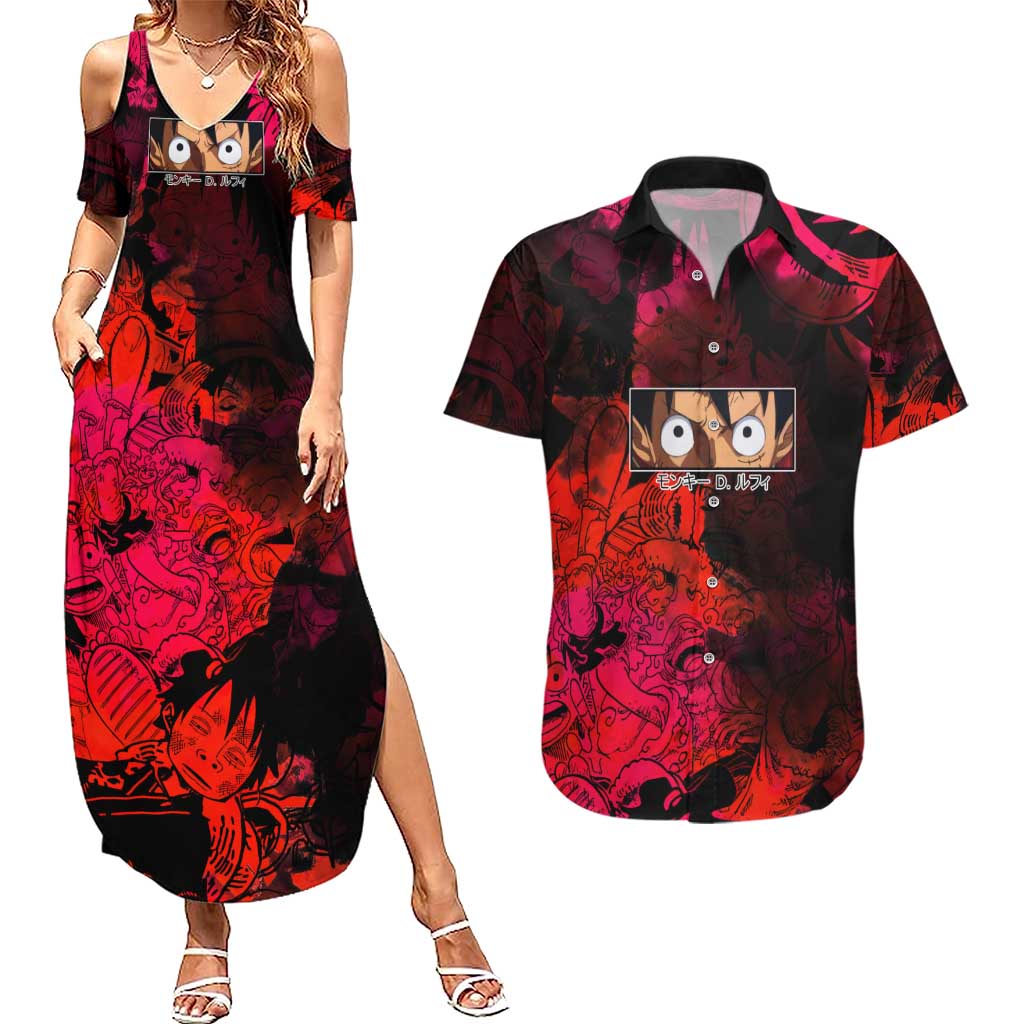Luffy One Piece Red Theme Couples Matching Summer Maxi Dress and Hawaiian Shirt with Straw Hat Crew and Gear Transformation Design - The Mazicc