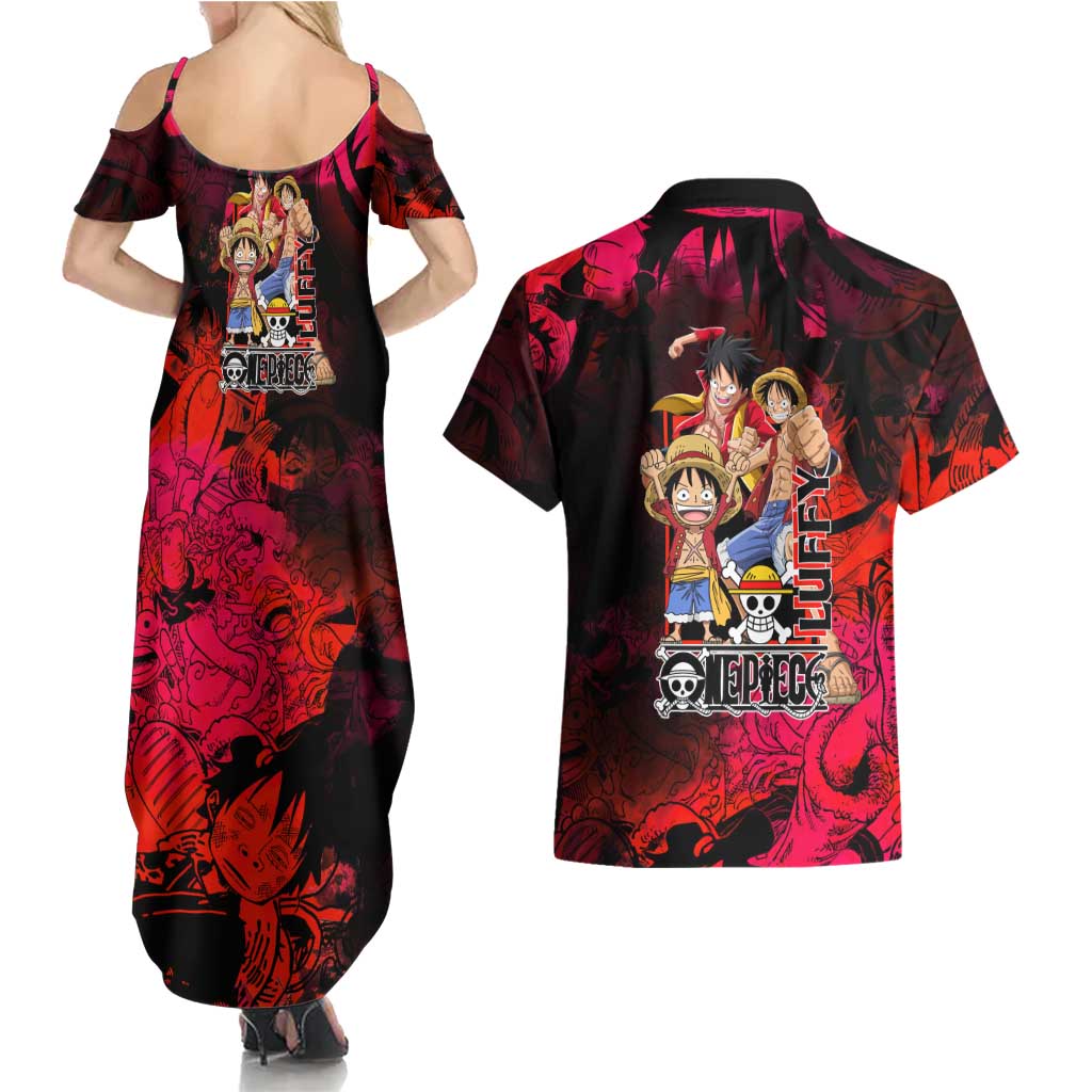 Luffy One Piece Red Theme Couples Matching Summer Maxi Dress and Hawaiian Shirt with Straw Hat Crew and Gear Transformation Design - The Mazicc