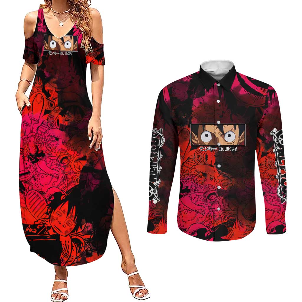Luffy One Piece Red Theme Couples Matching Summer Maxi Dress and Long Sleeve Button Shirt with Straw Hat Crew and Gear Transformation Design - The Mazicc