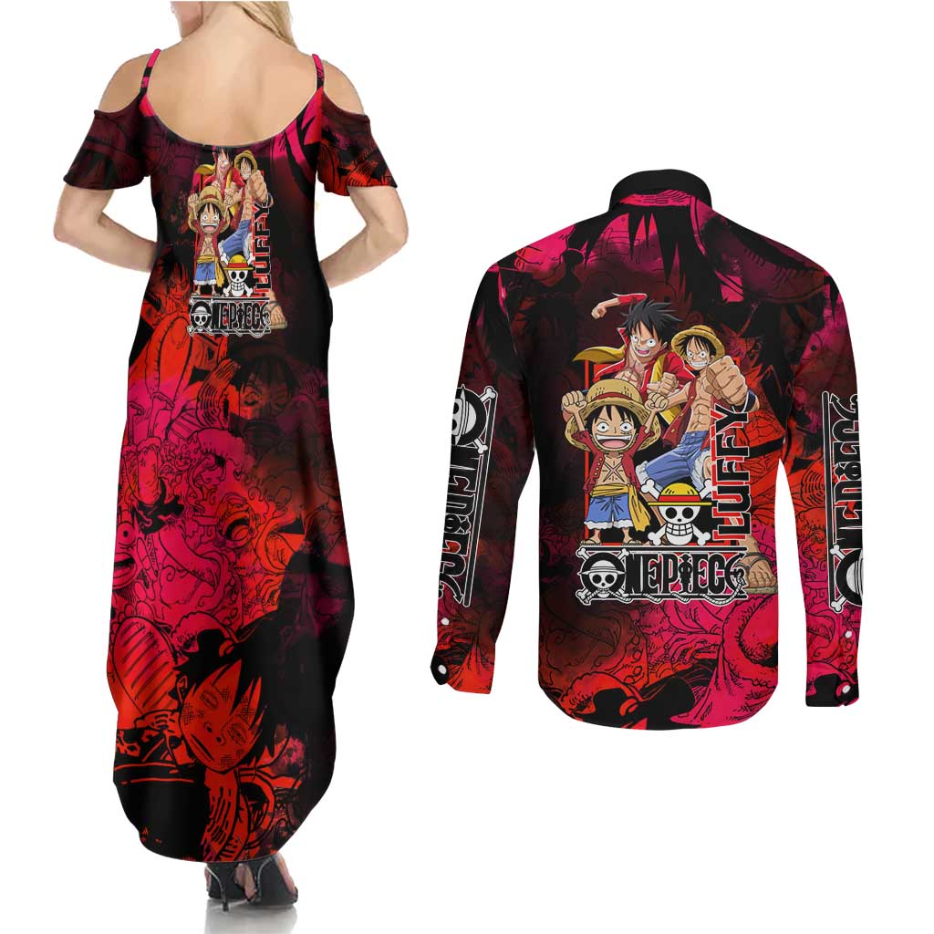 Luffy One Piece Red Theme Couples Matching Summer Maxi Dress and Long Sleeve Button Shirt with Straw Hat Crew and Gear Transformation Design - The Mazicc