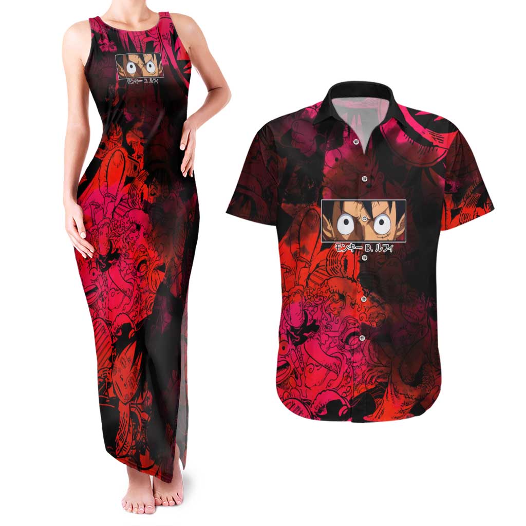 Luffy One Piece Red Theme Couples Matching Tank Maxi Dress and Hawaiian Shirt with Straw Hat Crew and Gear Transformation Design - The Mazicc