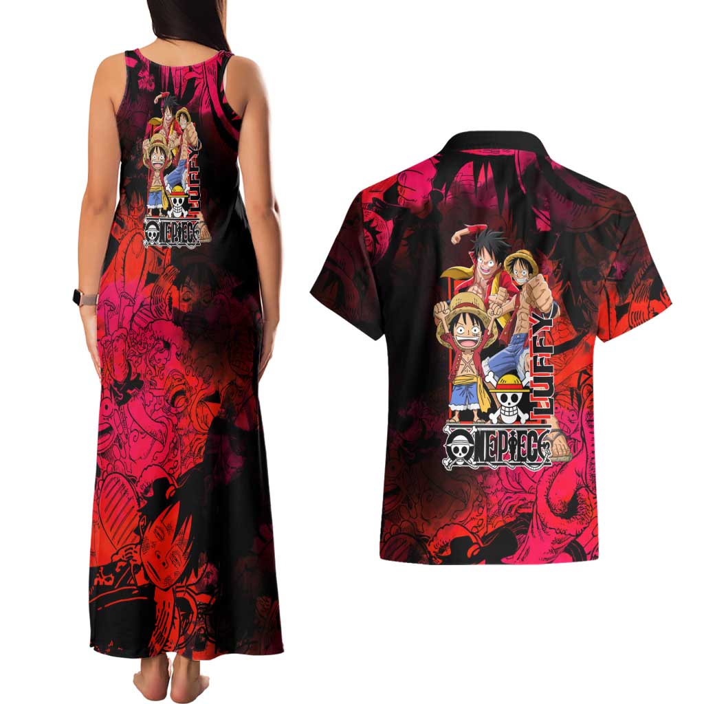 Luffy One Piece Red Theme Couples Matching Tank Maxi Dress and Hawaiian Shirt with Straw Hat Crew and Gear Transformation Design - The Mazicc