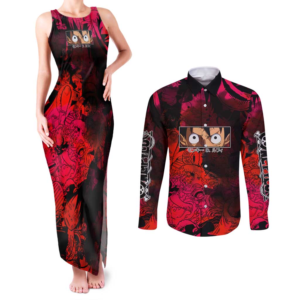 Luffy One Piece Red Theme Couples Matching Tank Maxi Dress and Long Sleeve Button Shirt with Straw Hat Crew and Gear Transformation Design - The Mazicc