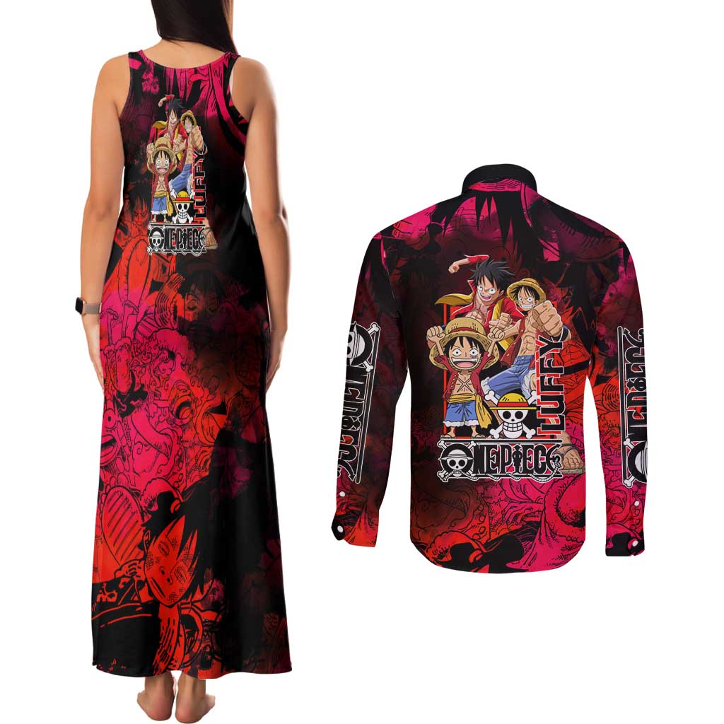 Luffy One Piece Red Theme Couples Matching Tank Maxi Dress and Long Sleeve Button Shirt with Straw Hat Crew and Gear Transformation Design - The Mazicc