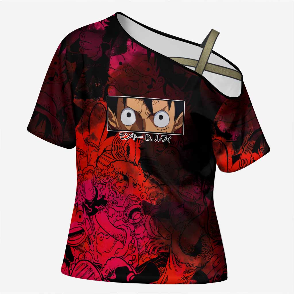 Luffy One Piece Red Theme Cross Shoulder Shirt with Straw Hat Crew and Gear Transformation Design - The Mazicc