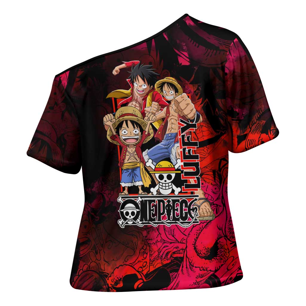 Luffy One Piece Red Theme Cross Shoulder Shirt with Straw Hat Crew and Gear Transformation Design - The Mazicc