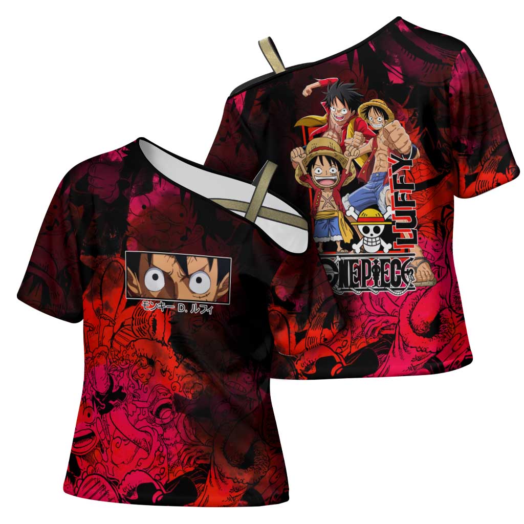 Luffy One Piece Red Theme Cross Shoulder Shirt with Straw Hat Crew and Gear Transformation Design - The Mazicc