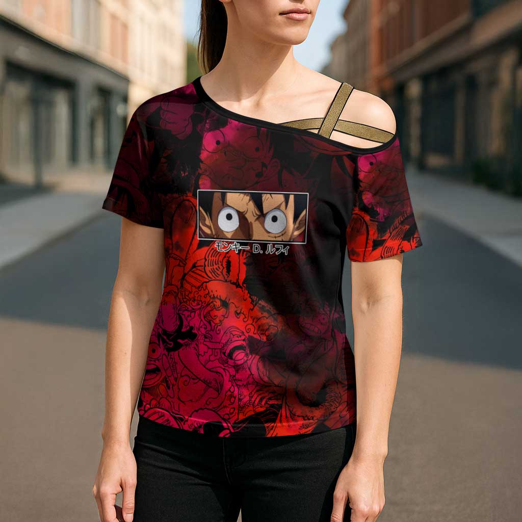 Luffy One Piece Red Theme Cross Shoulder Shirt with Straw Hat Crew and Gear Transformation Design - The Mazicc