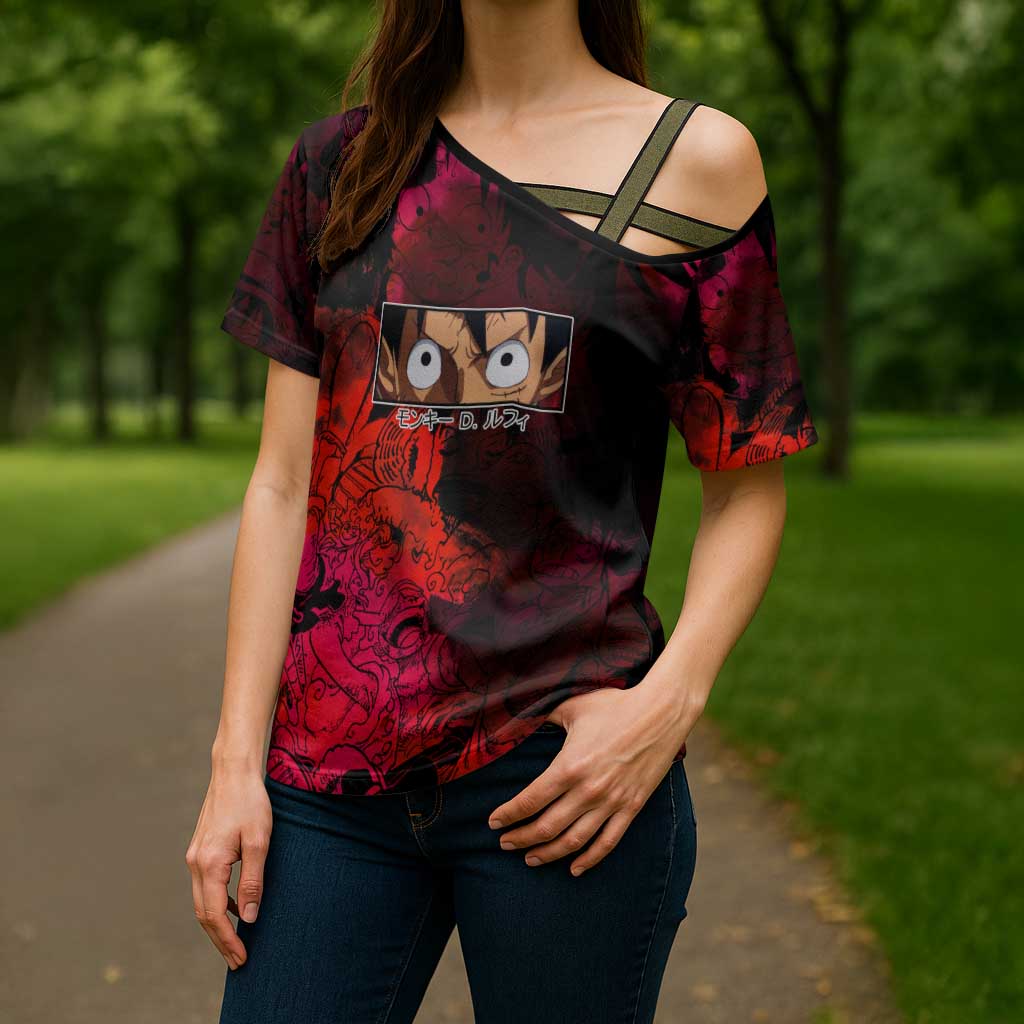 Luffy One Piece Red Theme Cross Shoulder Shirt with Straw Hat Crew and Gear Transformation Design - The Mazicc