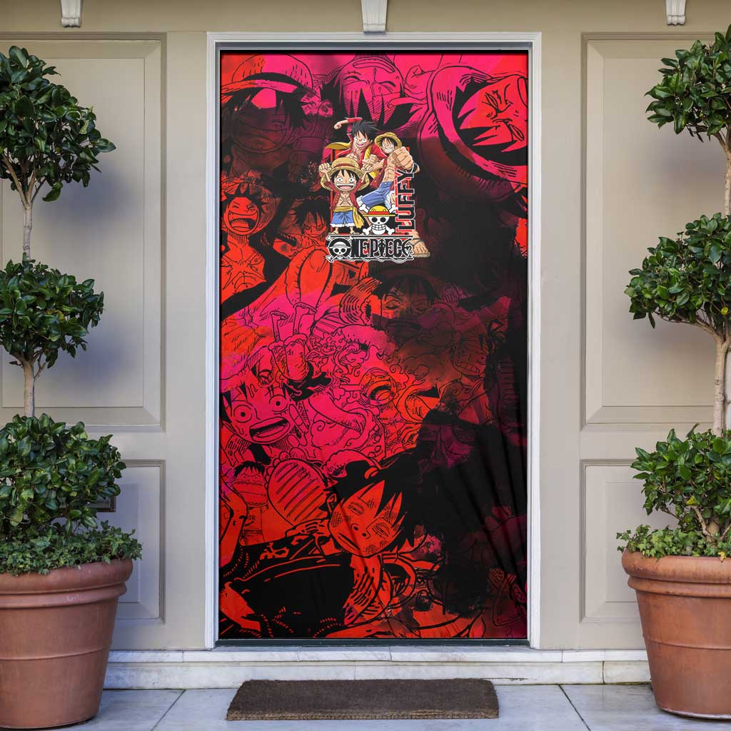 Luffy One Piece Red Theme Door Cover with Straw Hat Crew and Gear Transformation Design - The Mazicc