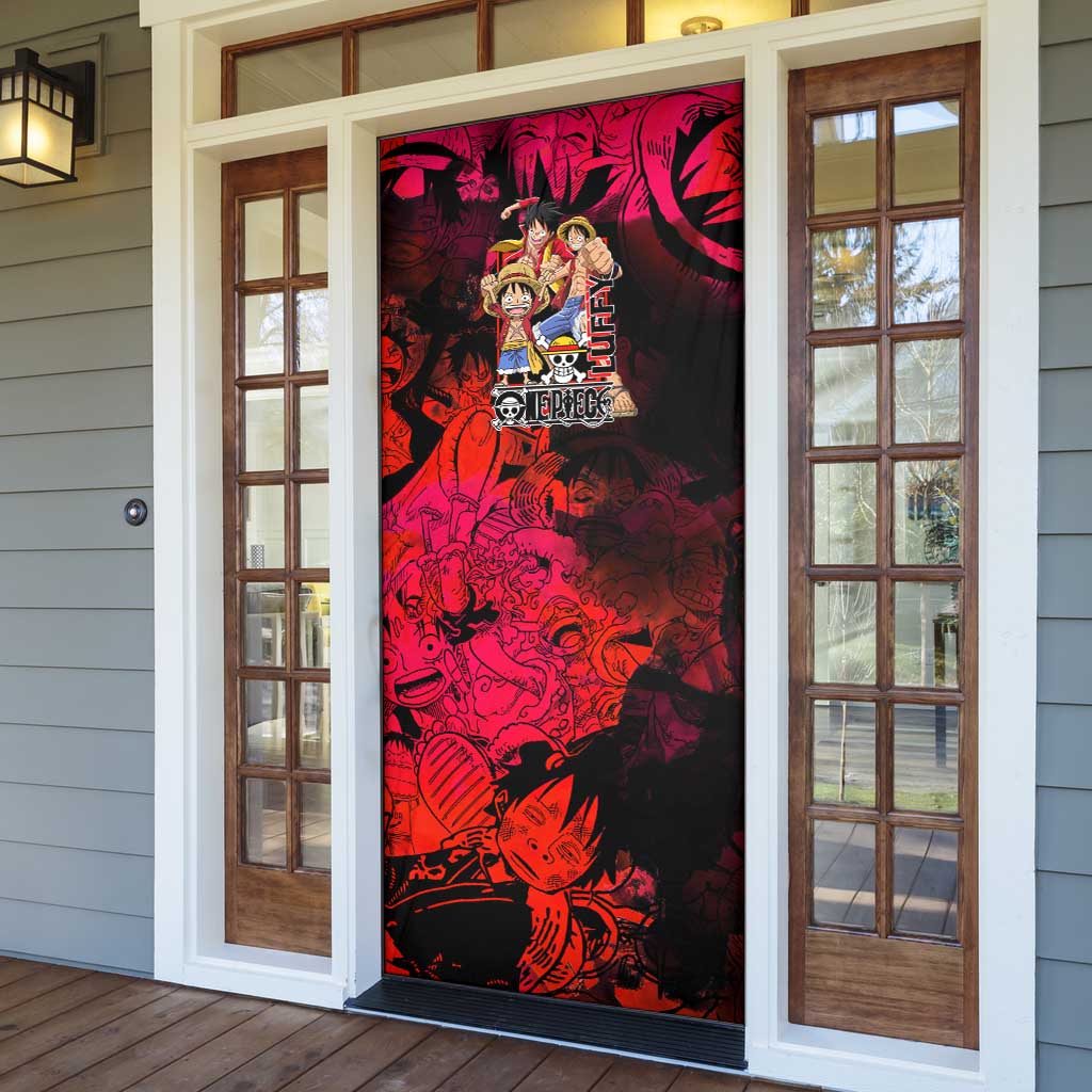 Luffy One Piece Red Theme Door Cover with Straw Hat Crew and Gear Transformation Design - The Mazicc