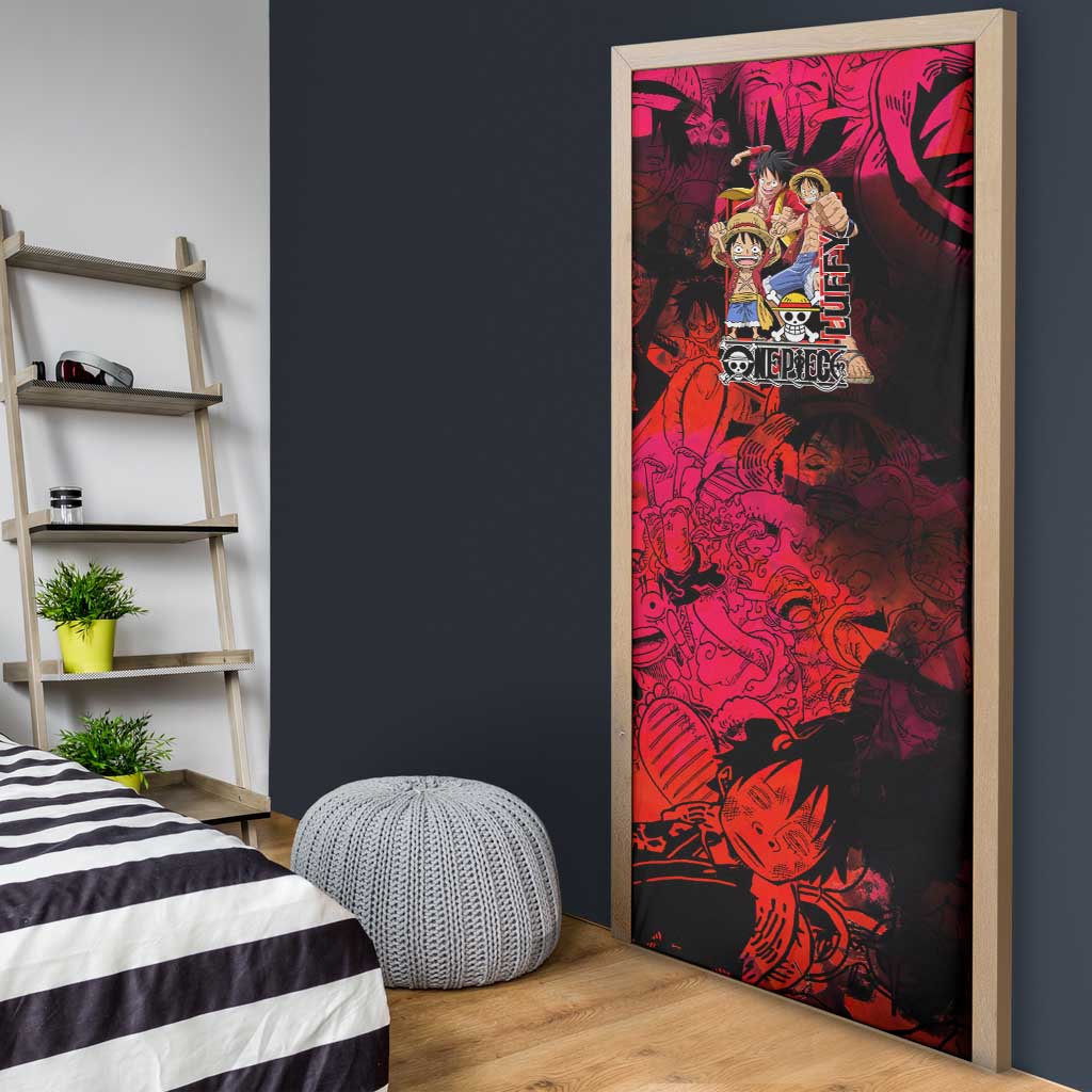 Luffy One Piece Red Theme Door Cover with Straw Hat Crew and Gear Transformation Design - The Mazicc
