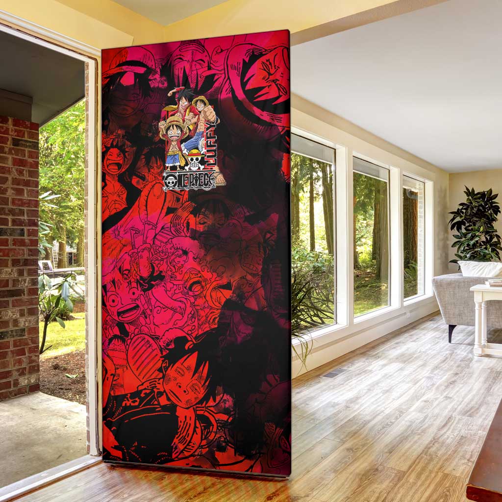 Luffy One Piece Red Theme Door Cover with Straw Hat Crew and Gear Transformation Design - The Mazicc