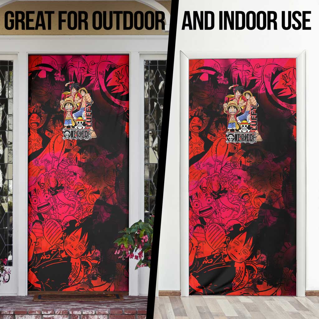 Luffy One Piece Red Theme Door Cover with Straw Hat Crew and Gear Transformation Design - The Mazicc