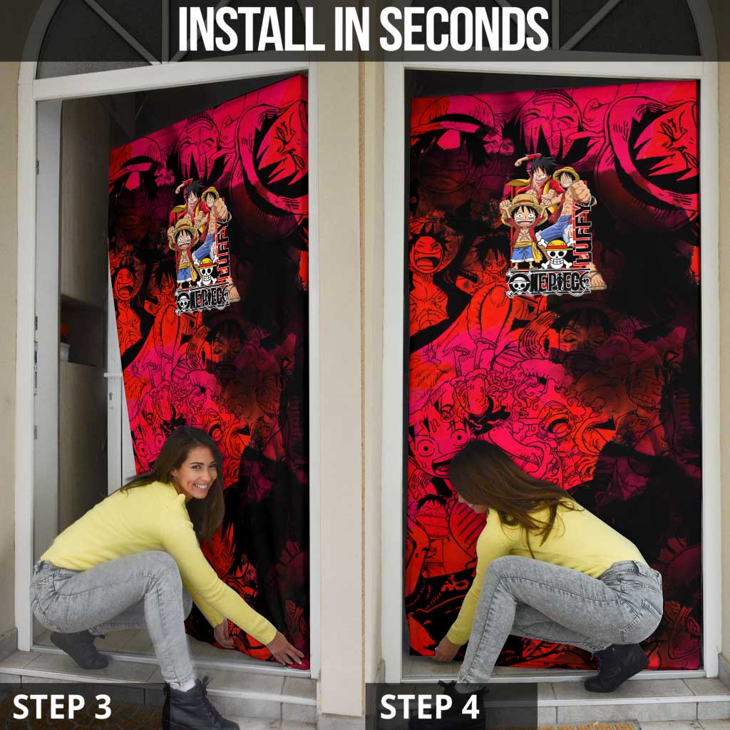 Luffy One Piece Red Theme Door Cover with Straw Hat Crew and Gear Transformation Design - The Mazicc