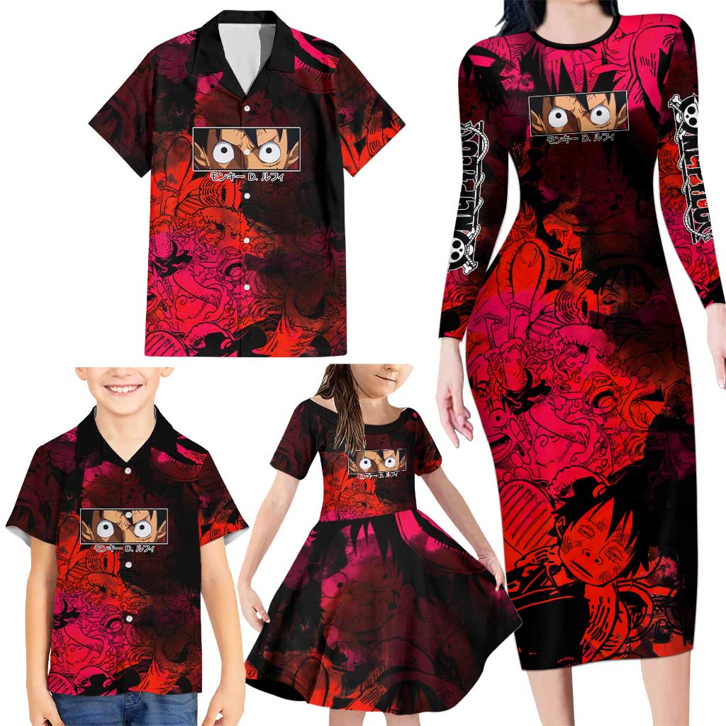 Luffy One Piece Red Theme Family Matching Long Sleeve Bodycon Dress and Hawaiian Shirt with Straw Hat Crew and Gear Transformation Design